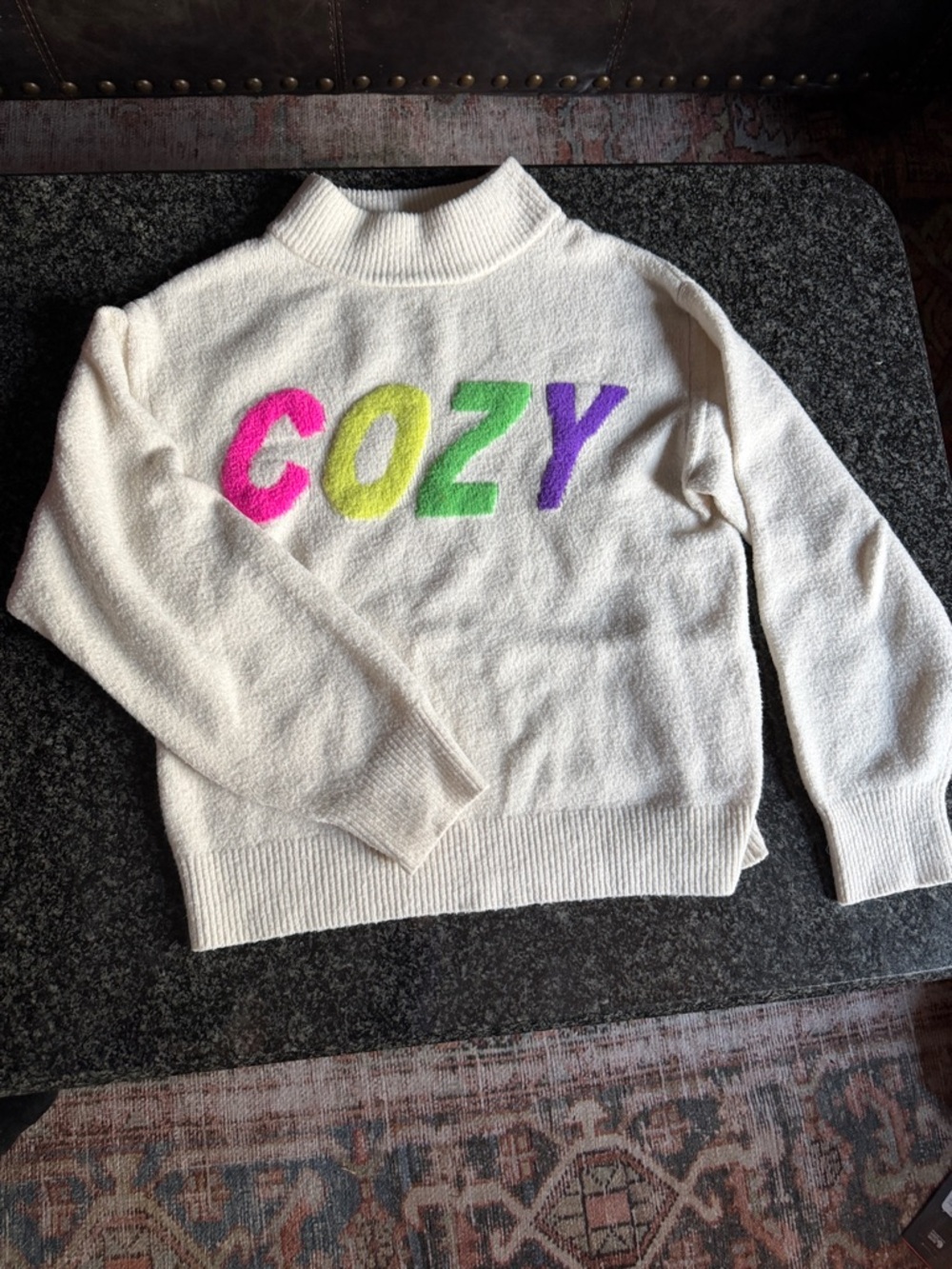 a new day Cream Turtleneck Sweater with Neon 'COZY' Letters
